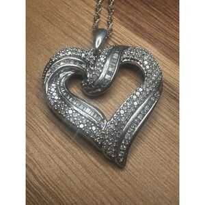 Sterling Silver, 85+ Baguette & Round Cut Diamonds, Heart Pendant 20" Necklace